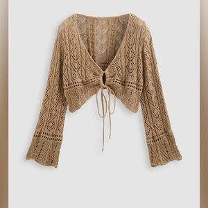 Cider Tan Cardigan with Bell Sleeves and Cable Knit